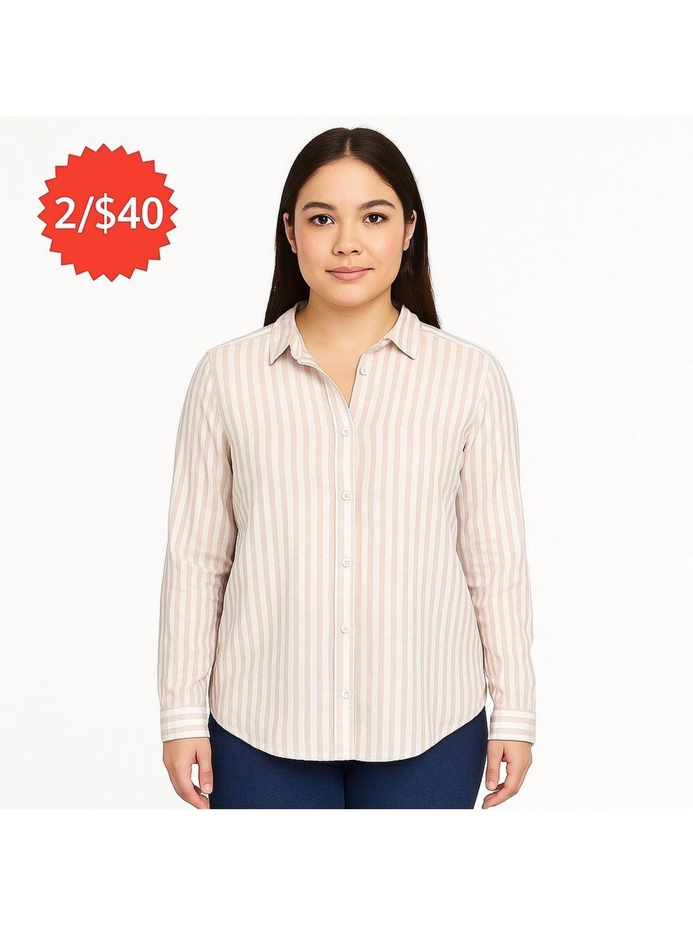 2/40$ H&M Divided 100% cotton button down shirt lightweight white beige striped